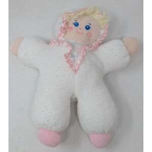 Vintage Bantam Terry Cloth Stuffed Plush Baby Doll Lovey Rattle White Floral 90s